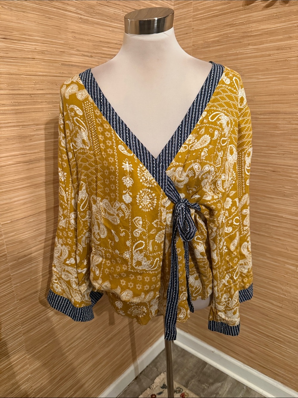 Mystree Mustard Yellow Paisley Wrap Top with Navy Trim